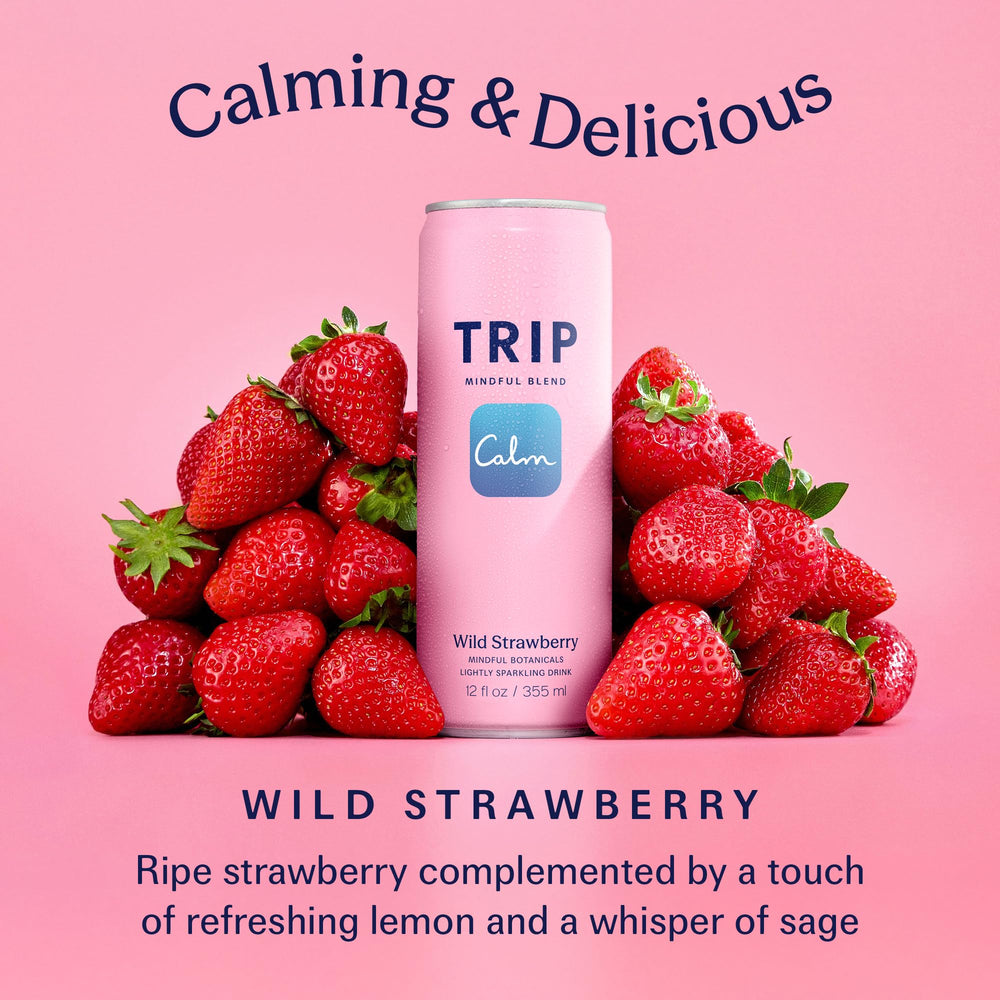 TRIP wild strawberry ingredient display featuring botanicals and adaptogens