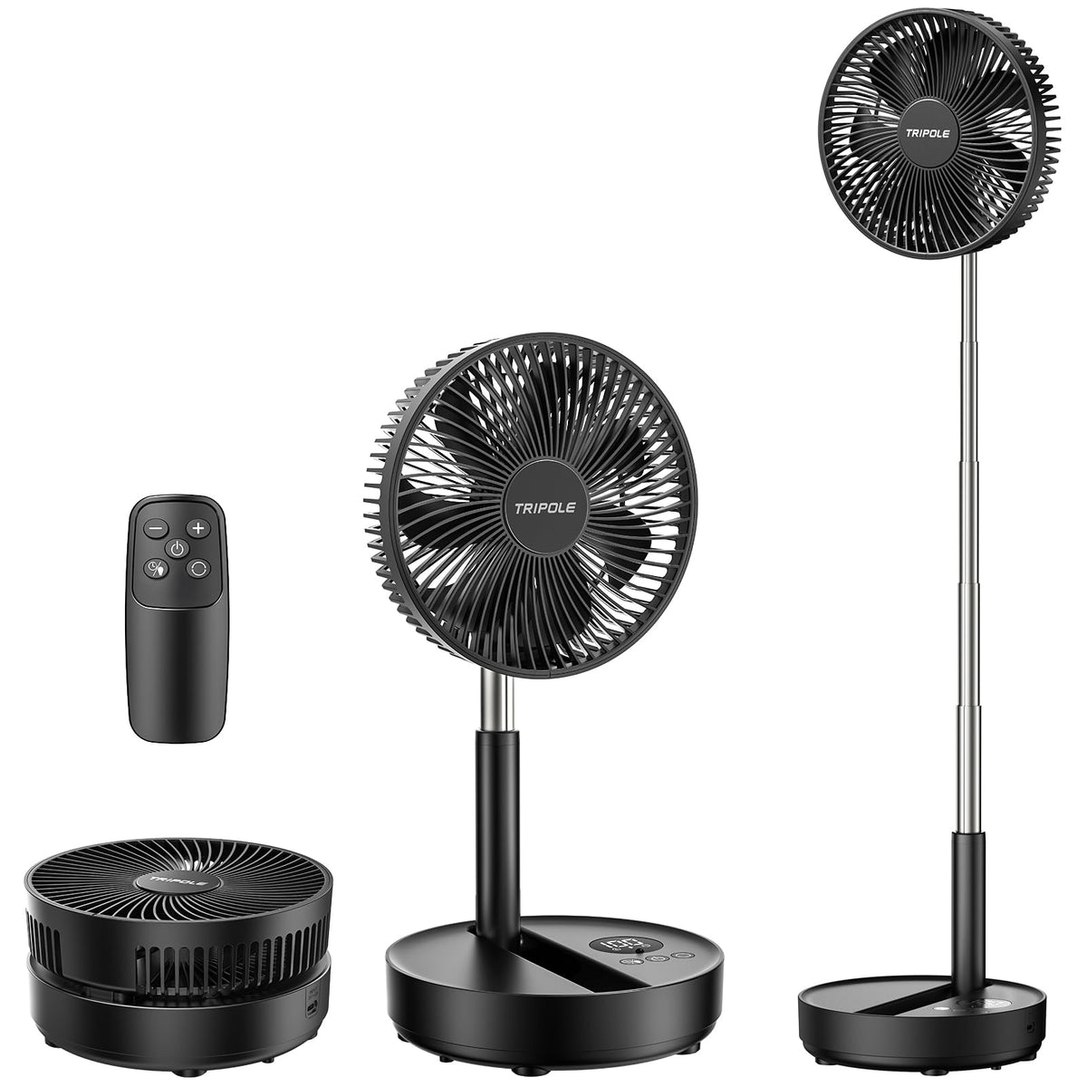 TriPole front view showing full standing fan and benefit of compact footprint