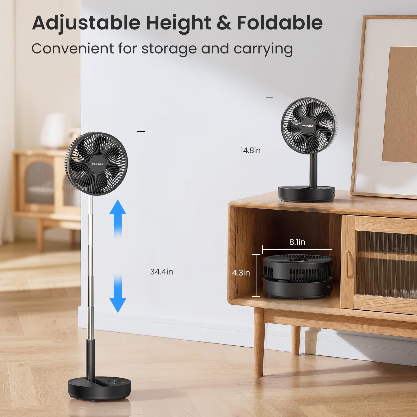 TriPole oscillating fan in living room delivering wide-area cooling benefit