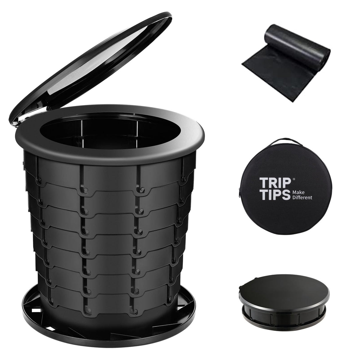 TRIPTIPS vista frontal del inodoro portátil mostrando estabilidad y forma cómoda