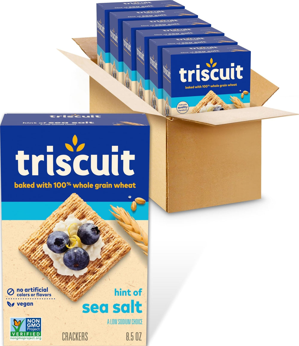 Triscuit caja frontal mostrando empaque sellado y tamaño práctico