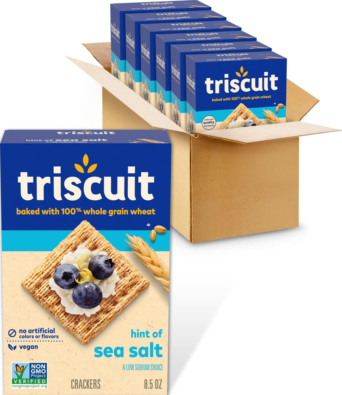 Triscuit caja frontal mostrando empaque sellado y tamaño práctico