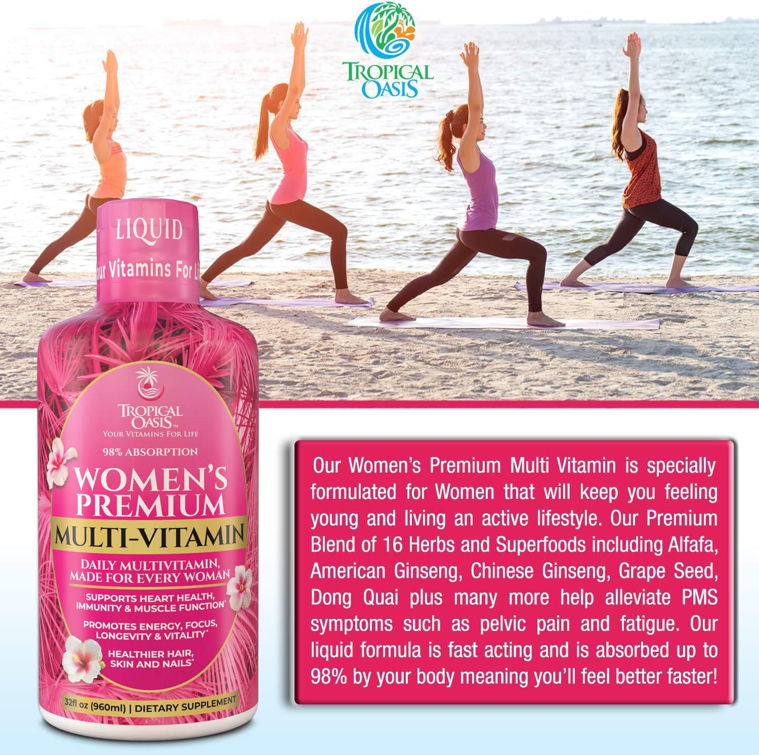 Tropical Oasis etiqueta con lista de vitaminas y hierbas