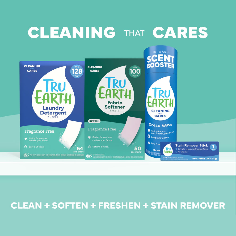 Tru Earth strips on bathroom shelf suggesting tidy storage and accessibility