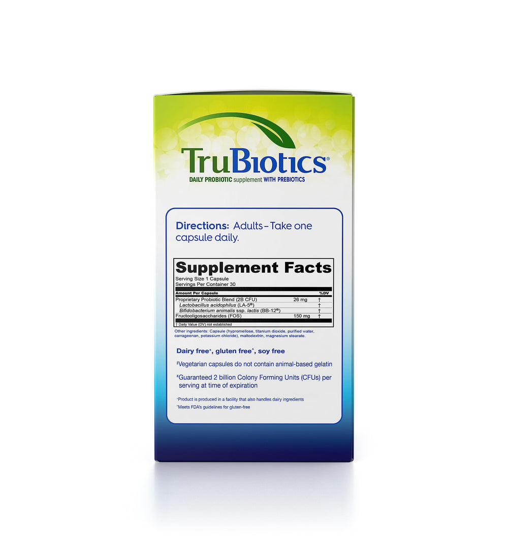 TruBiotics caja abierta con cápsulas listas para uso diario