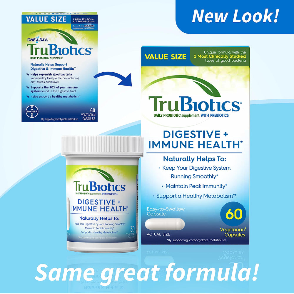 TruBiotics cápsula en primer plano que destaca la formulación probiótica
