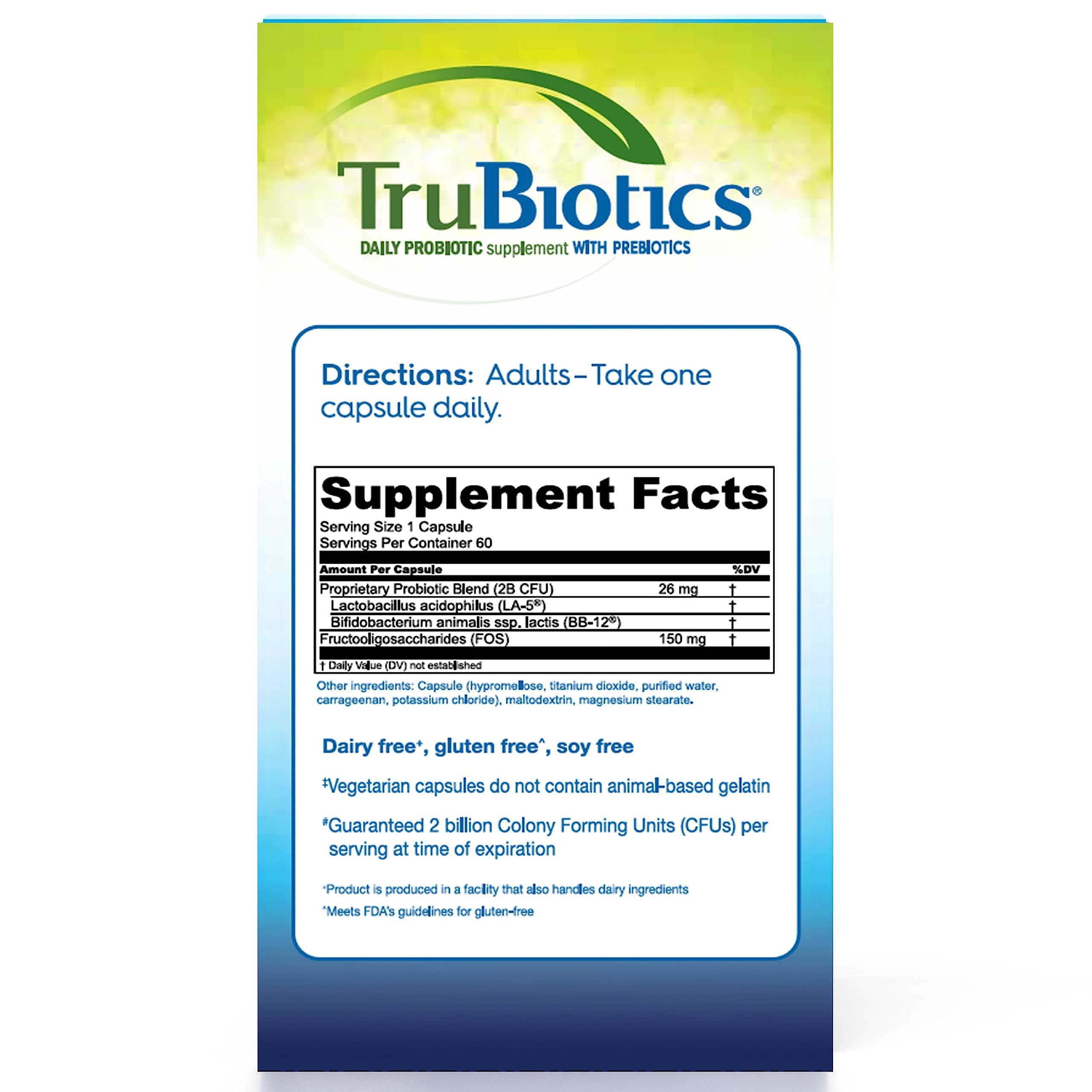 TruBiotics etiqueta con lista de cepas y prebióticos para transparencia