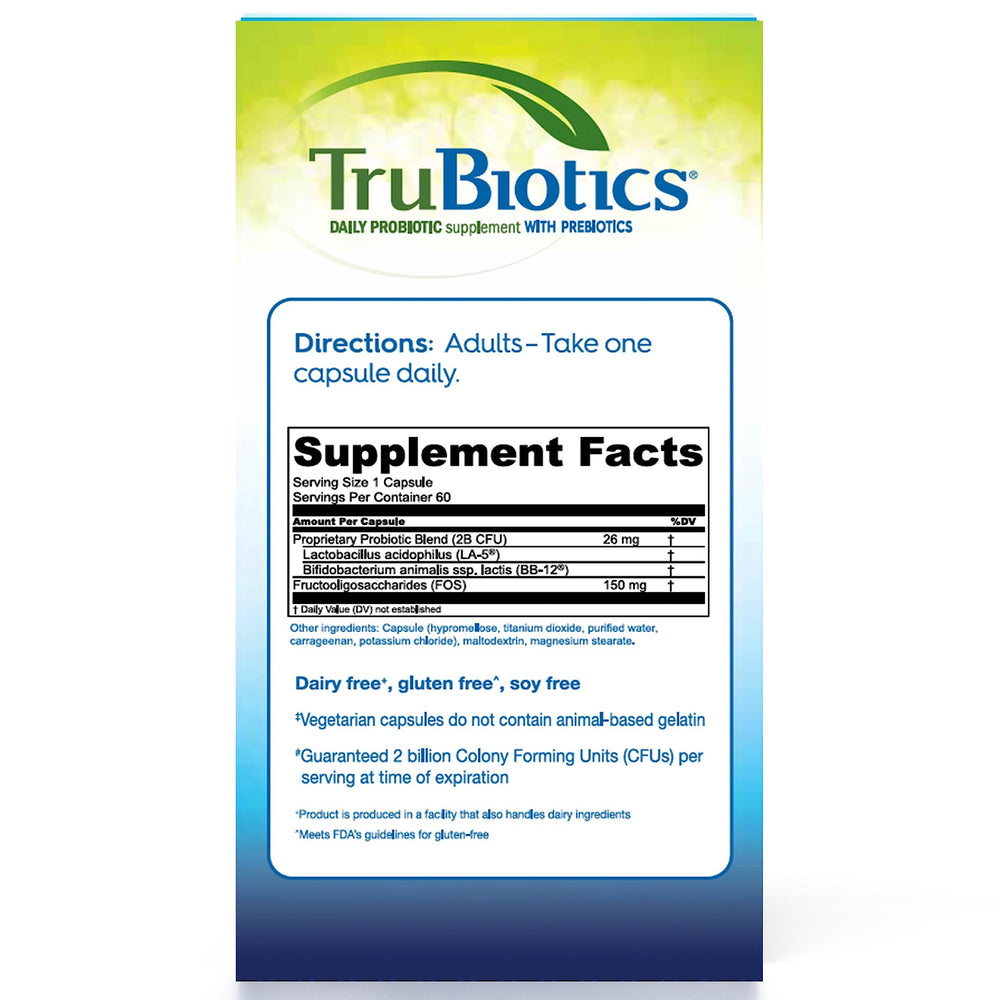 TruBiotics etiqueta con lista de cepas y prebióticos para transparencia