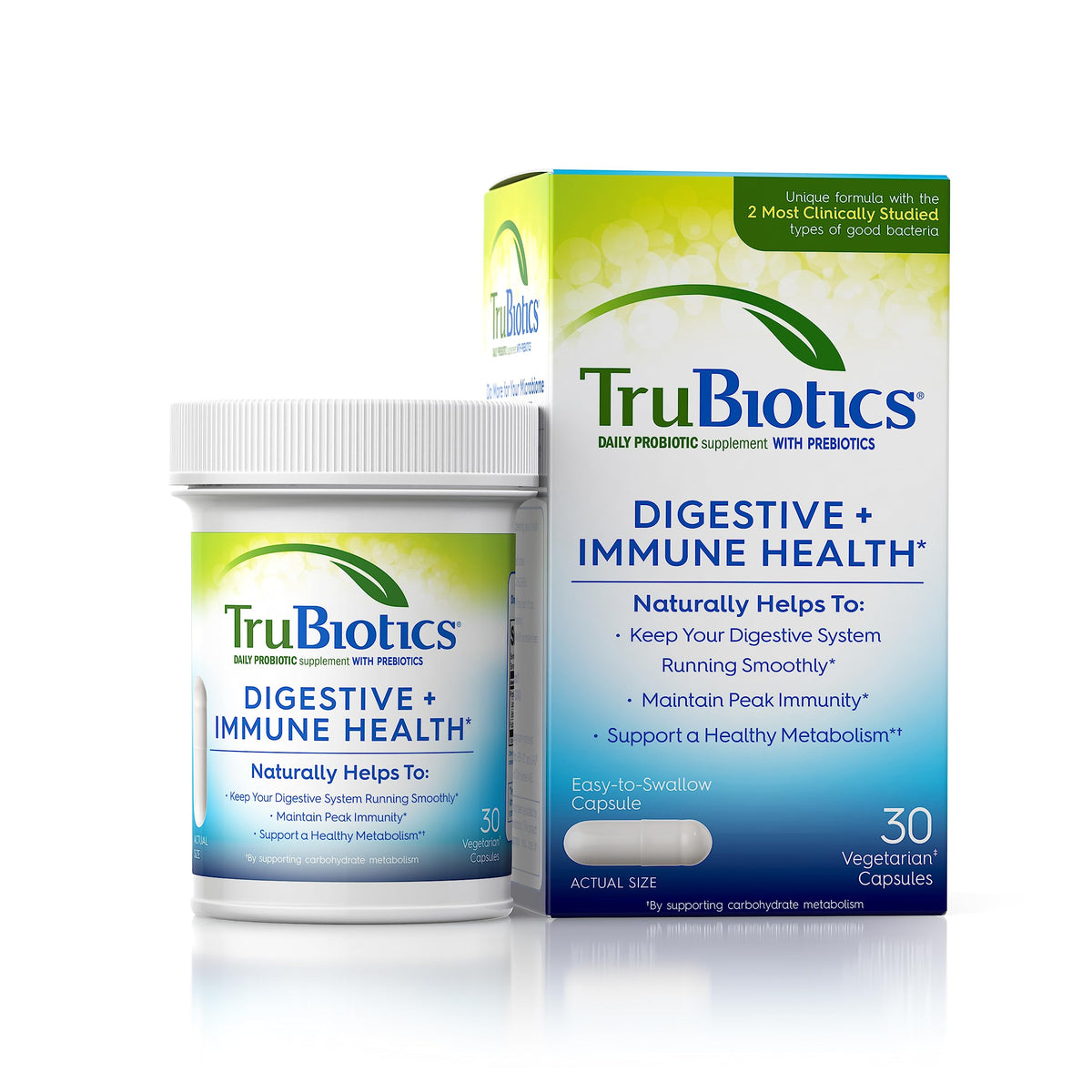 TruBiotics frente del empaque mostrando dosis y beneficios