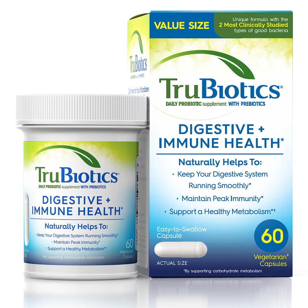 TruBiotics frasco frontal mostrando la marca y beneficio digestivo