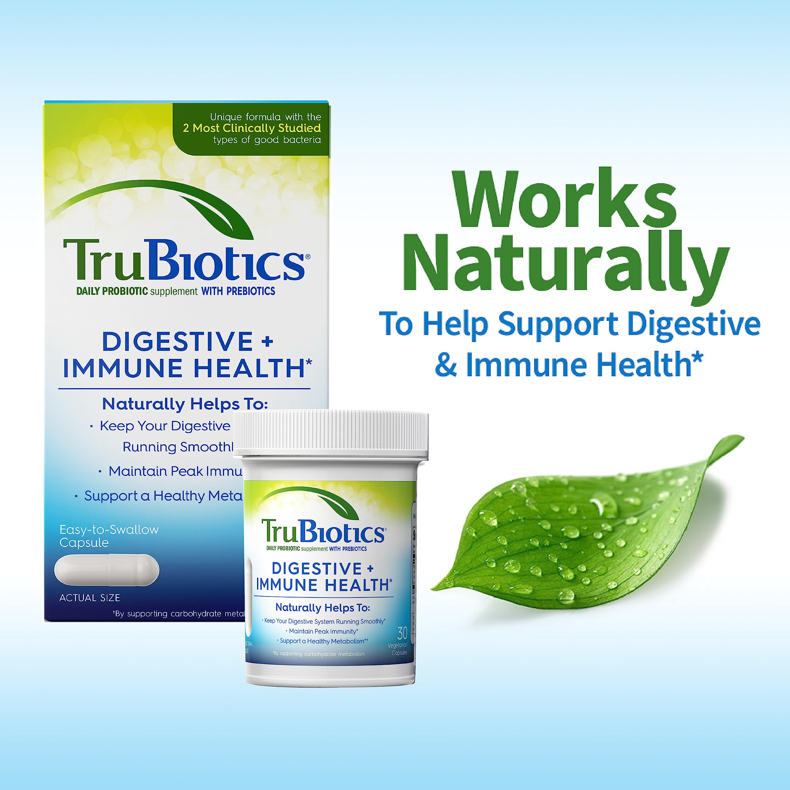 TruBiotics cápsula junto a desayuno para uso diario conveniente