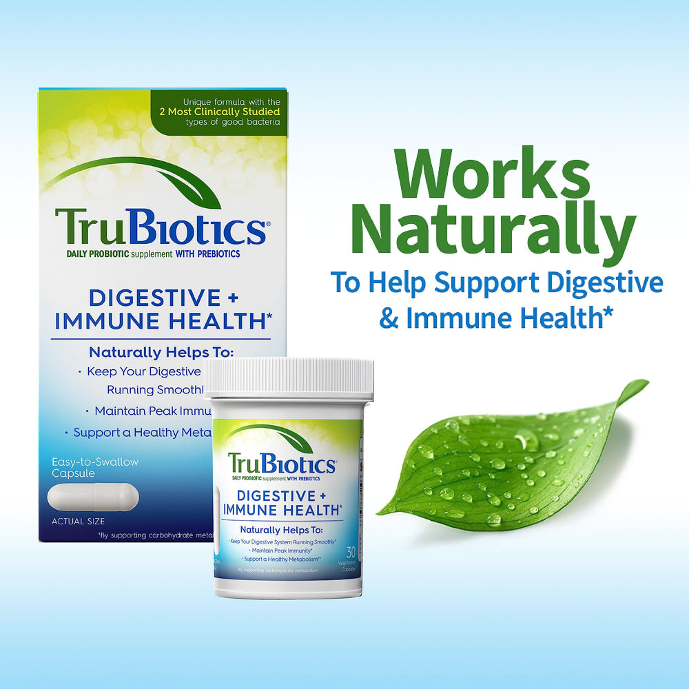 TruBiotics cápsula junto a desayuno para uso diario conveniente