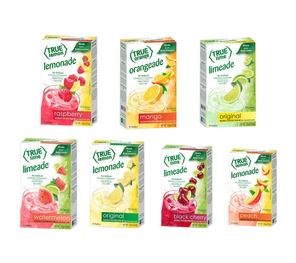 True Citrus empaque frontal mostrando las siete cajas y variedad de sabores
