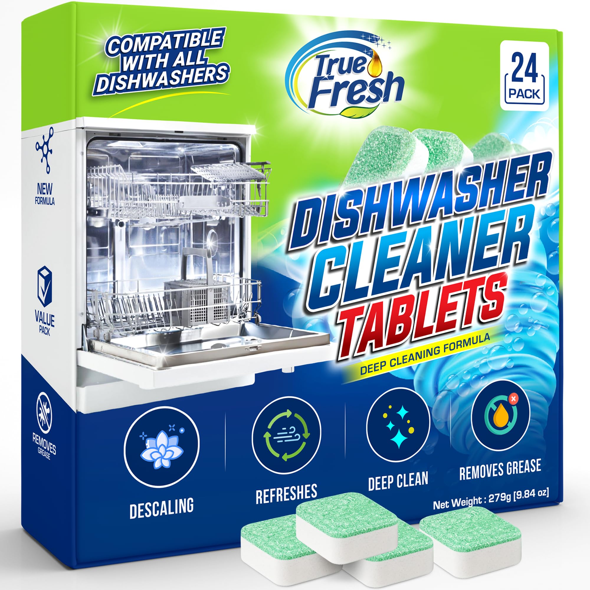 True Fresh frente del paquete que muestra 24 tabletas, solución de mantenimiento mensual
