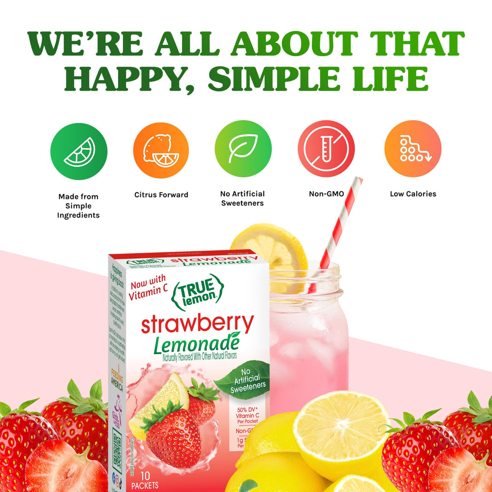 Serving pitcher and glasses of True Lemon showing family-friendly low calorie option