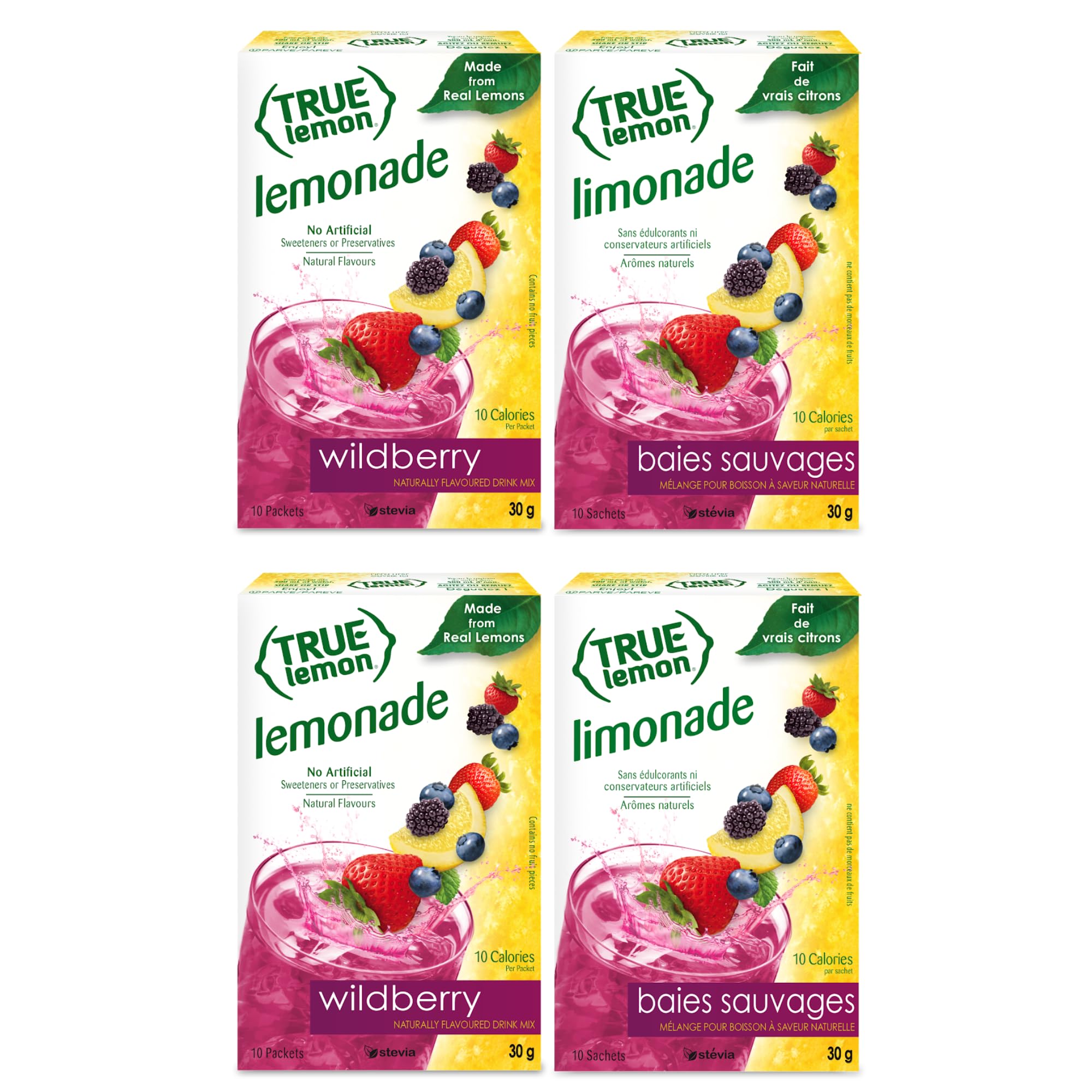 True Citrus caja frontal de True Lemon Wildberry Lemonade mostrando diseño y información