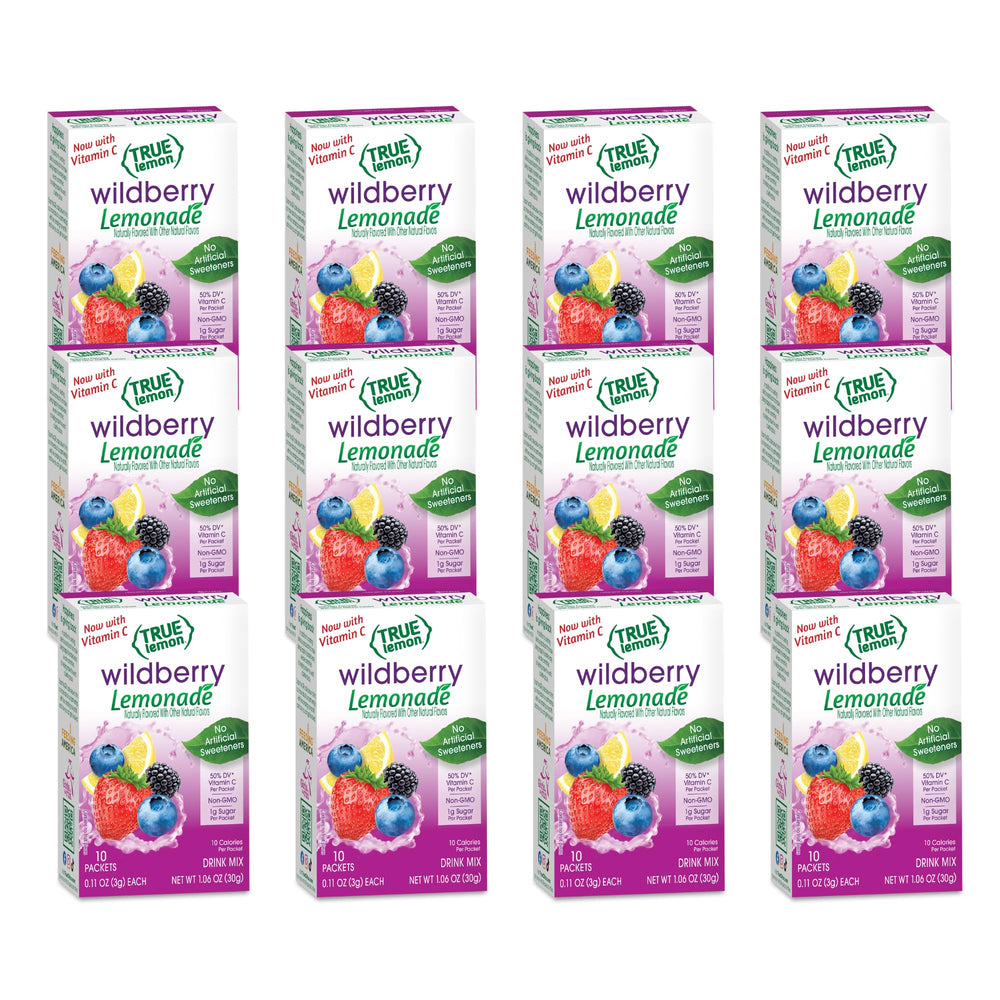 True Lemon box front showing Wildberry Lemonade packets and benefits
