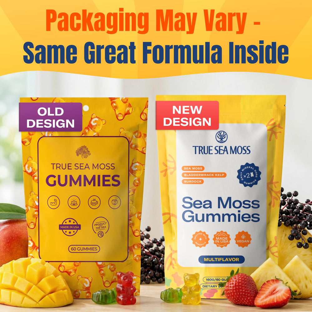 TrueSeaMoss ingredientes naturales: sea moss, bladderwrack y burdock root en primer plano