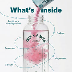 TrueSeaMoss mixing in water in a glass demonstrating rapid blending and on-the-go hydration benefit