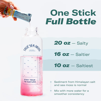 TrueSeaMoss stickpack next to a water bottle for size comparison and portability benefit