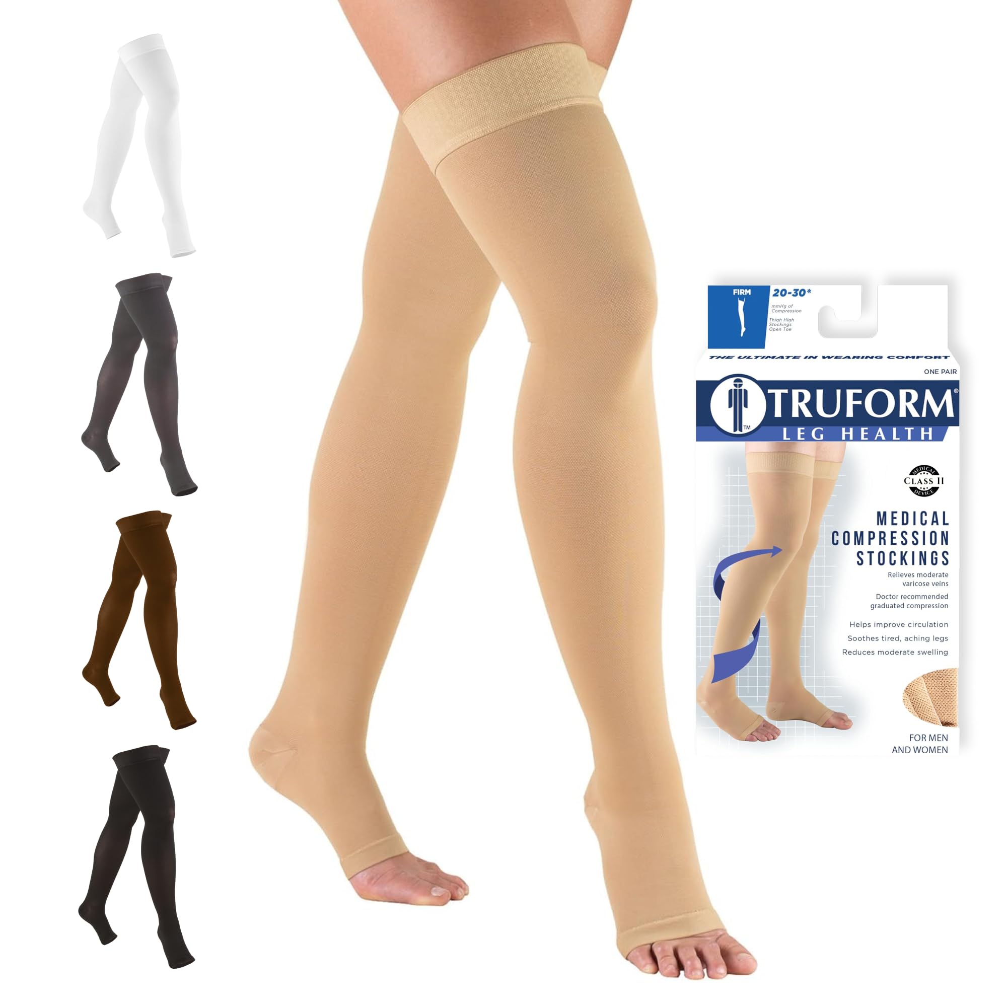 Truform vista frontal del empaque mostrando medias muslo beige y beneficio de soporte