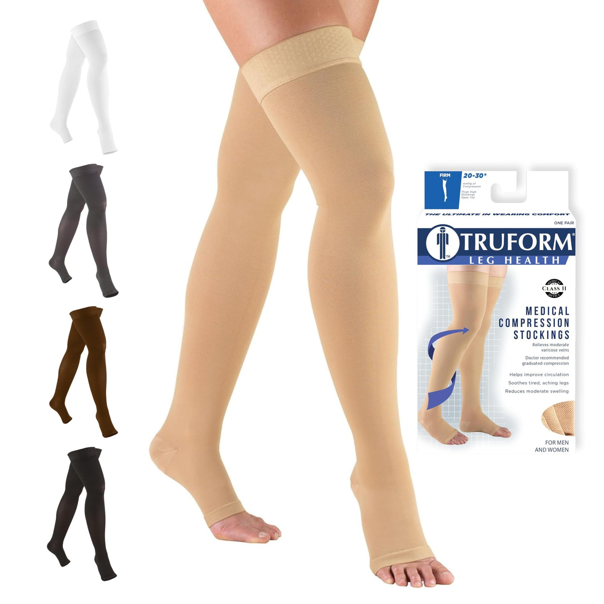 Truform vista frontal del empaque mostrando medias muslo beige y beneficio de soporte