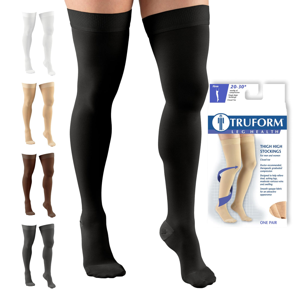 Truform empaque frontal mostrando medias compresivas y beneficios visibles