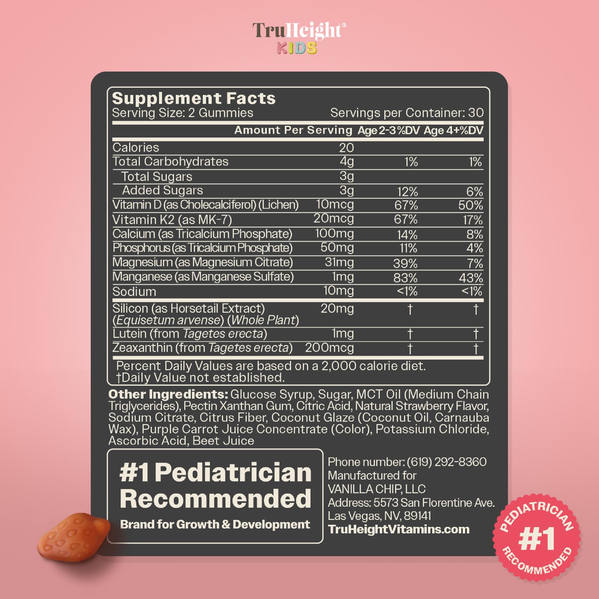 TruHeight etiqueta con ingredientes destacando vitaminas D3, K2 y calcio