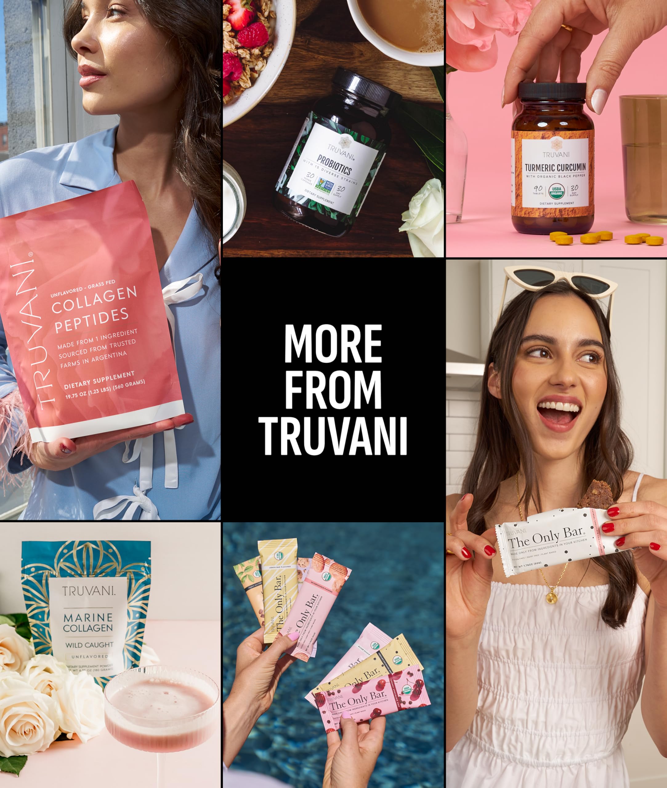 Truvani envase sostenido en mano para comparar tamaño real
