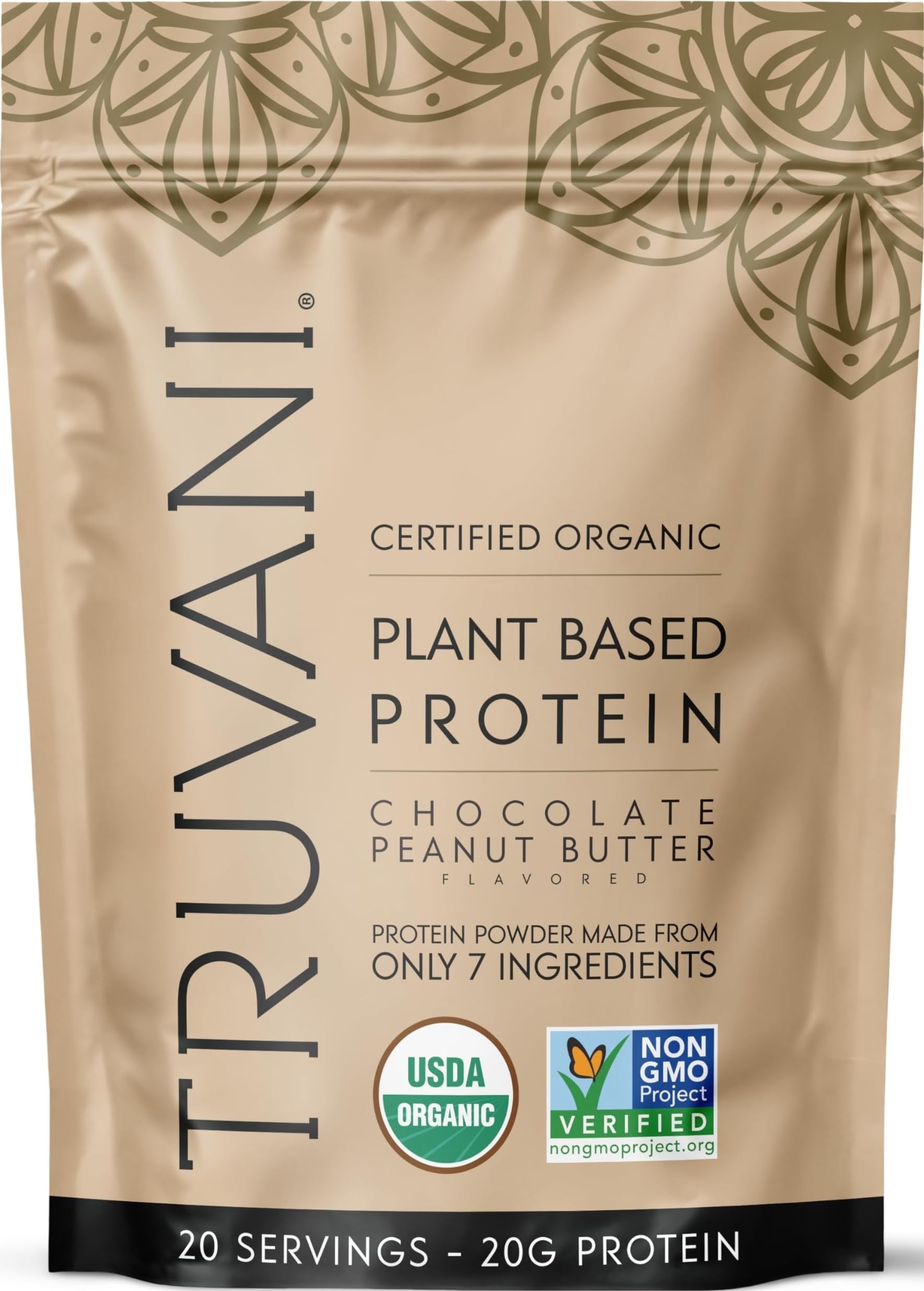 Truvani frente del envase chocolate mantequilla de cacahuete mostrando diseño y beneficio natural