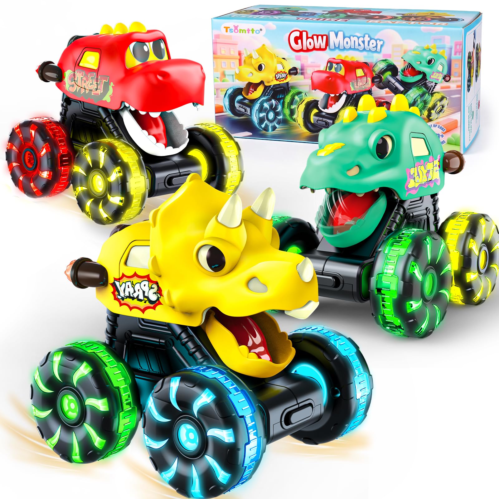 Tsomtto pack frontal con tres monster trucks dinosaurio listo para jugar