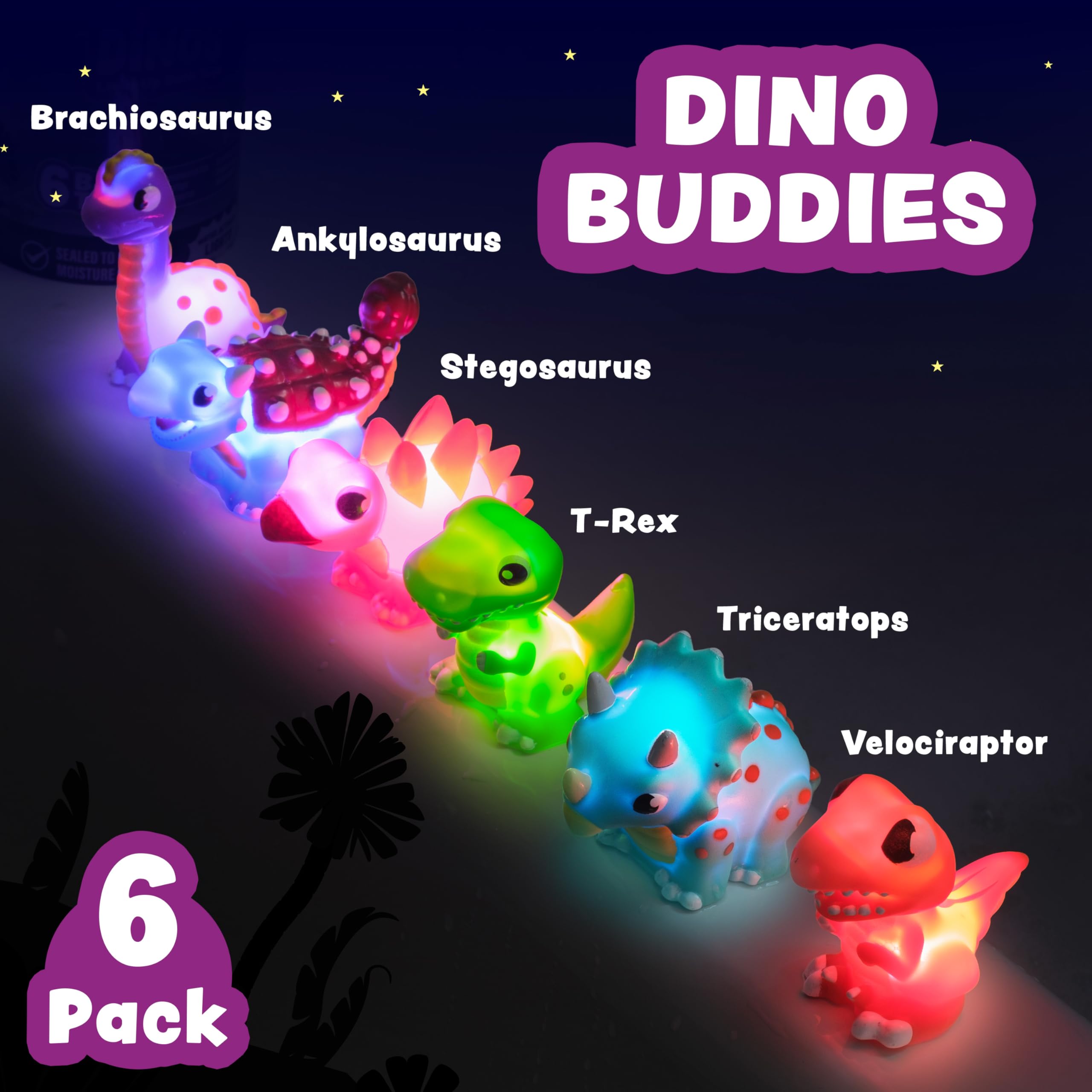 Tub Works dinos flotando en la bañera con luces activadas por agua