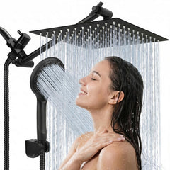 Tudoccy front view of matte-black shower combo showing sleek modern design and full kit benefits