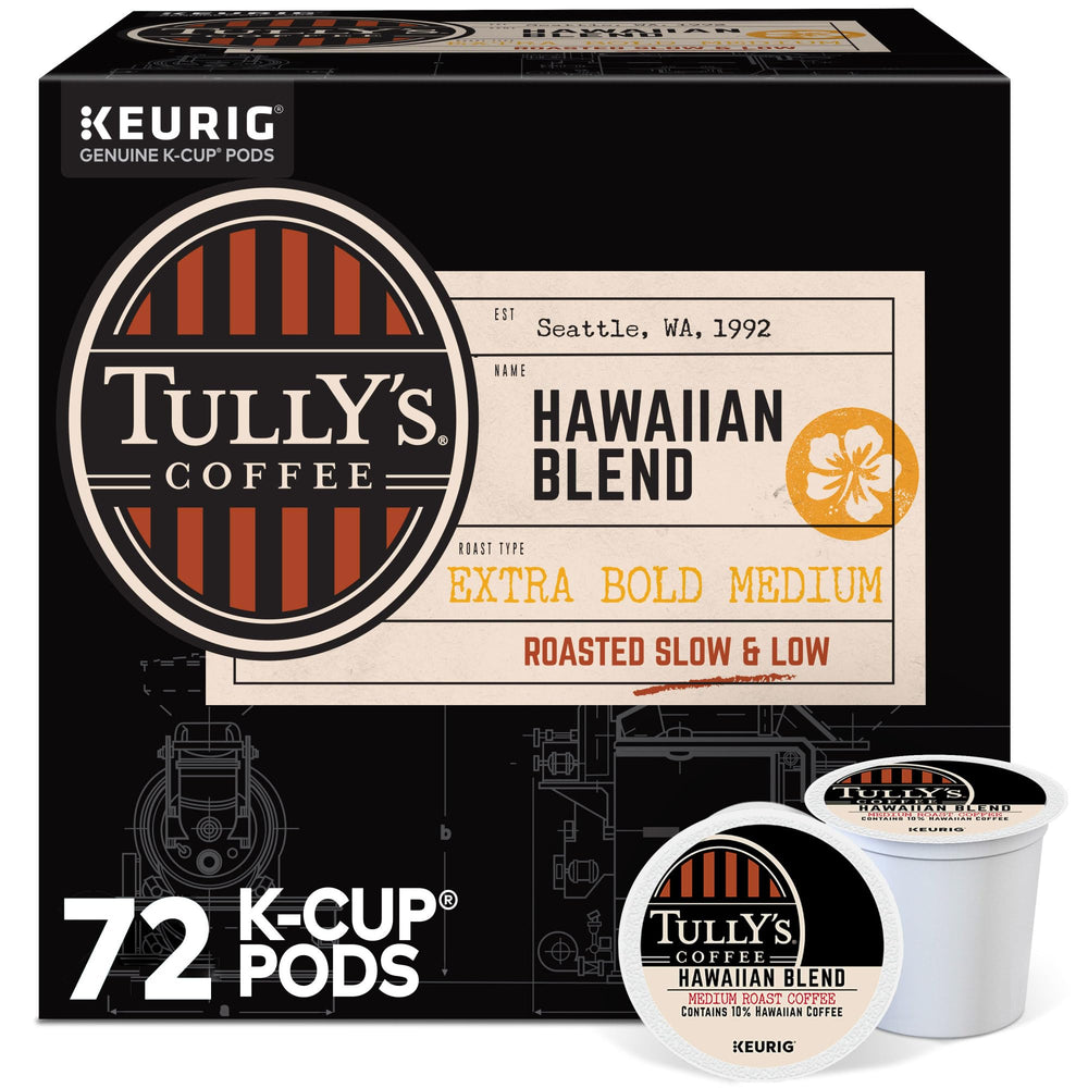 Tully's front packaging showing Hawaiian Blend and convenience benefit