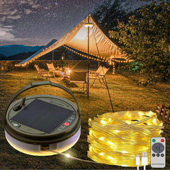 TuoPuLife vista frontal del conjunto empacado mostrando la guirnalda y farol, práctico