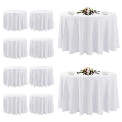 TUOTPE front view of ten white tablecloths neatly stacked for easy event setup