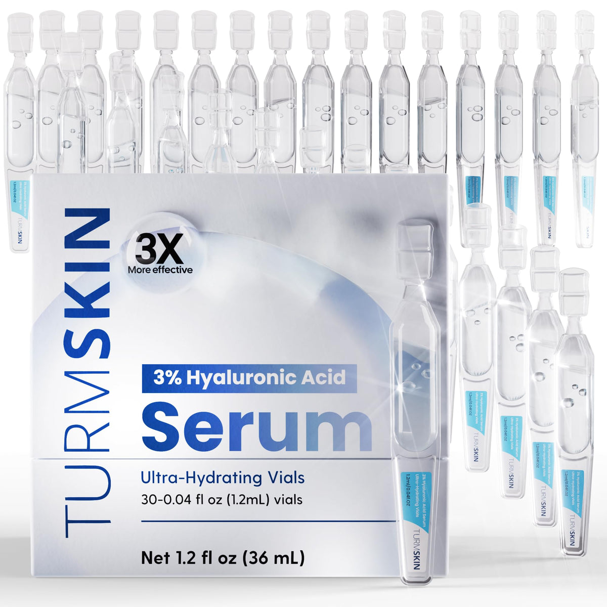 Turmskin ampolla frontal mostrando envase y dosificación, benefícios de aplicación precisa