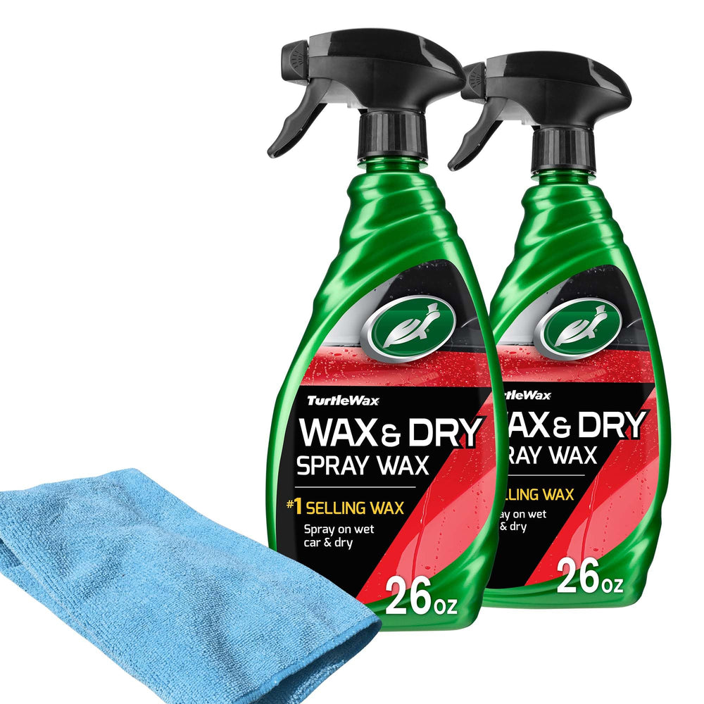 Turtle Wax envases frontales del pack mostrando dos botellas y paño microfibra, brillo rápido