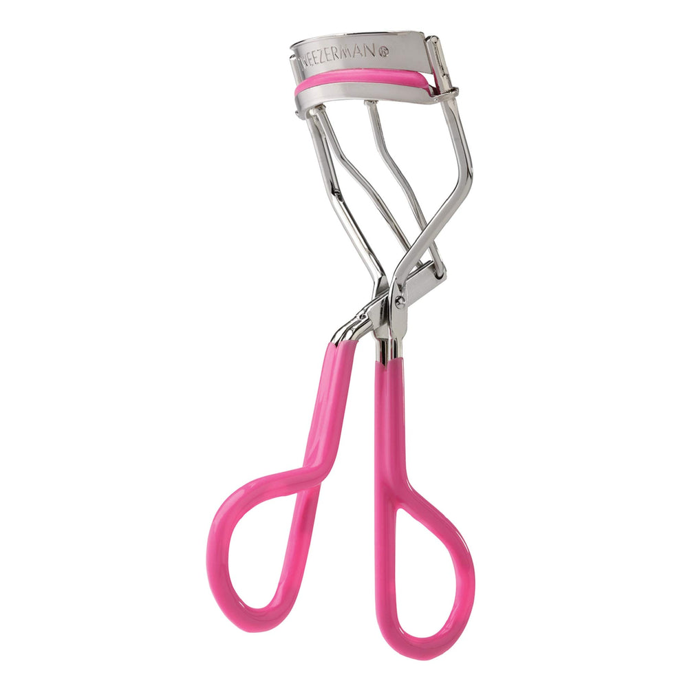 Tweezerman rizador frontal neon pink mostrando diseño ergonómico y acabado visible