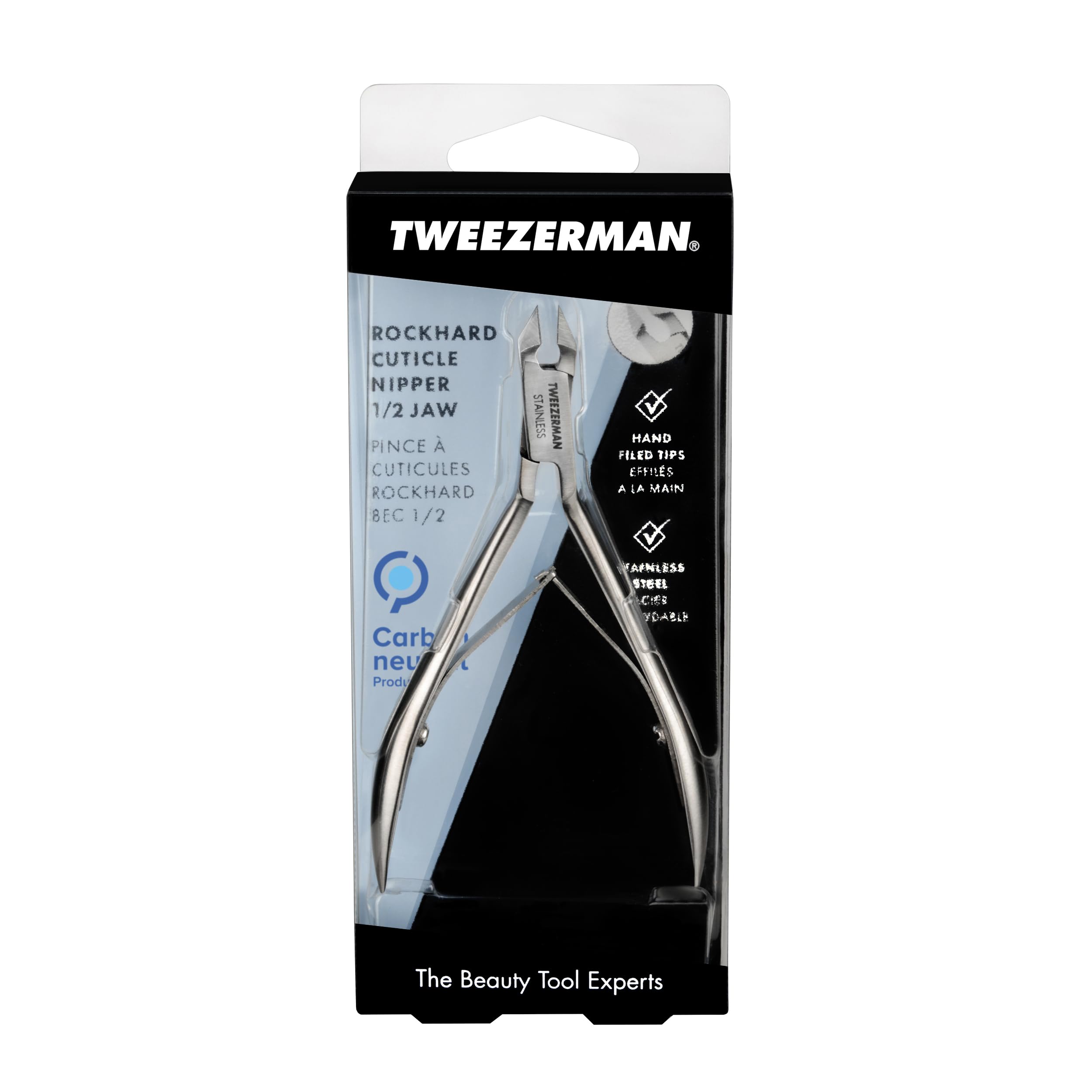 Tweezerman Rockhard comparación tamaño en mano, control ergonómico