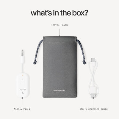 Twelve South AirFly Pro 2 packaged in travel pouch ready for carry-on organization
