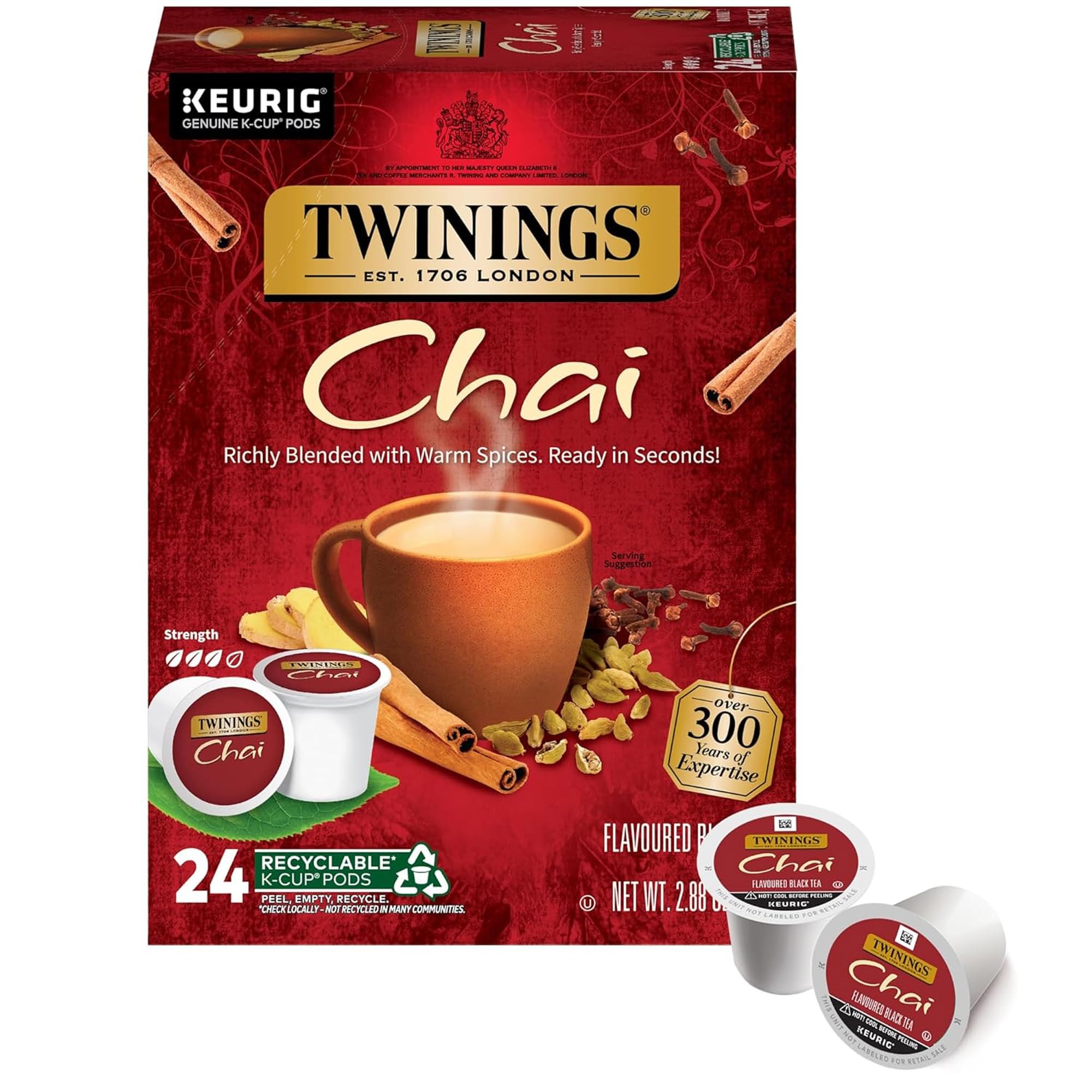 Twinings empaquetado frontal mostrando 24 cápsulas y marca Twinings, conveniencia inmediata