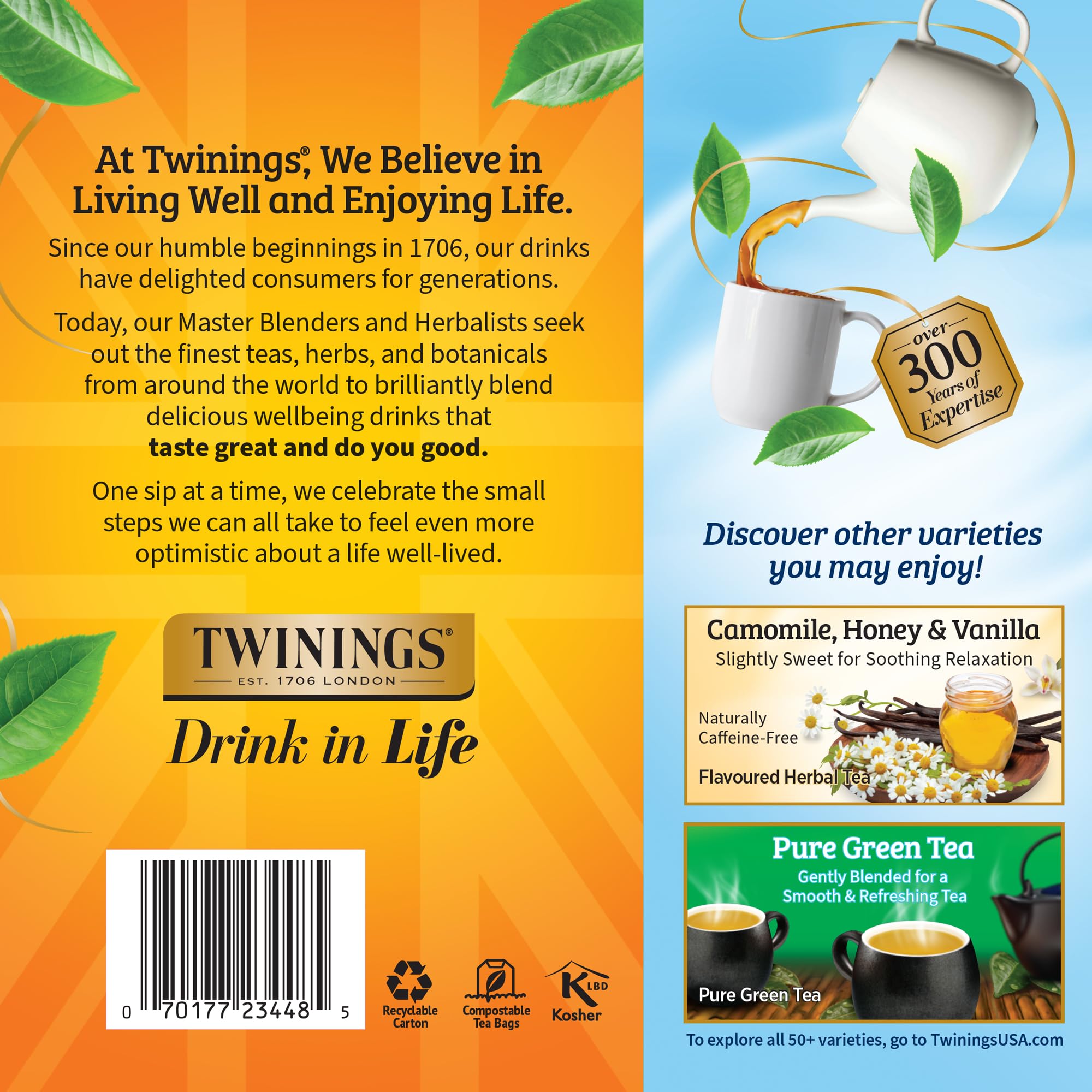 Twinings bolsita junto a una taza para referencia de tamaño