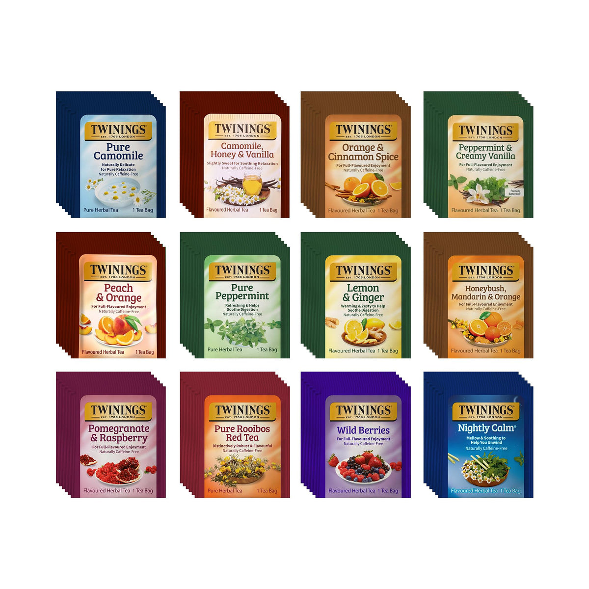 Twinings frente del paquete mostrando variedad de sabores y conveniencia