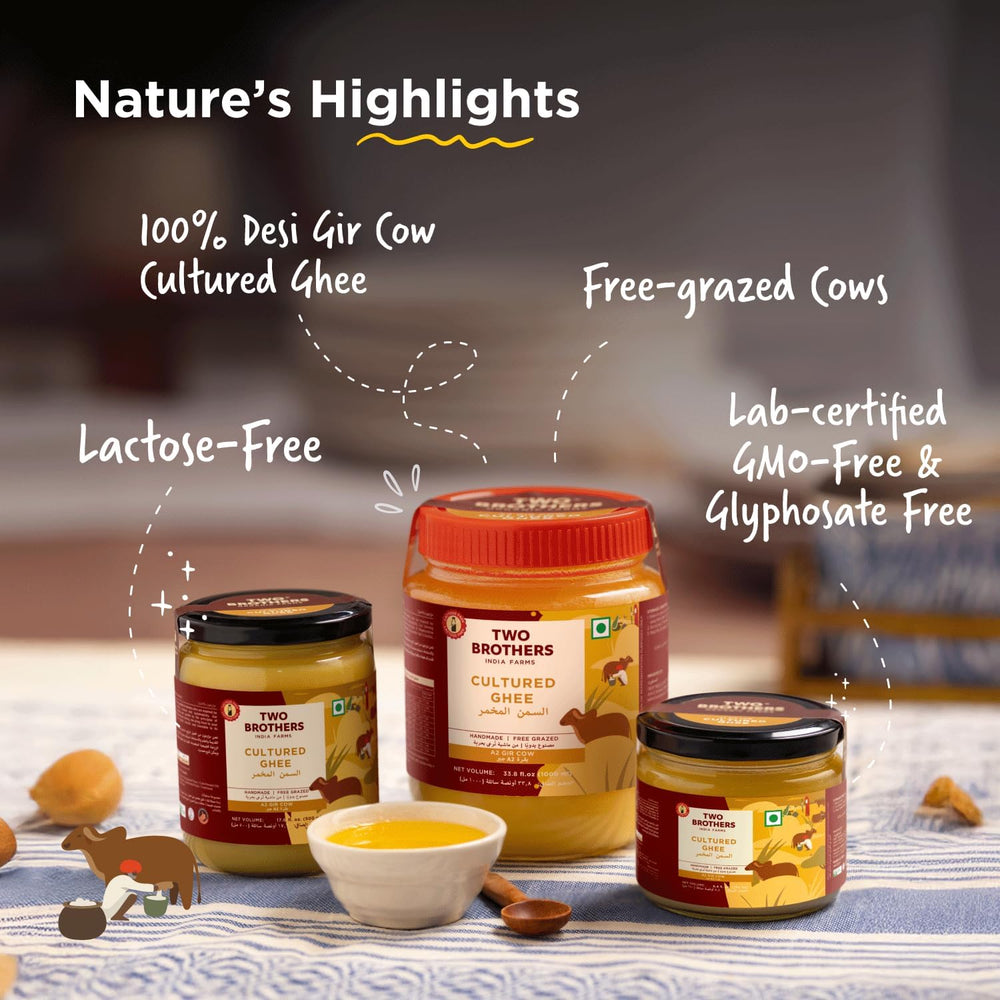 Two Brothers India Farms ghee A2 presentación tamaño 16 oz comparación