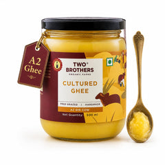 Two Brothers India Farms ghee A2 frente del envase mostrando pureza