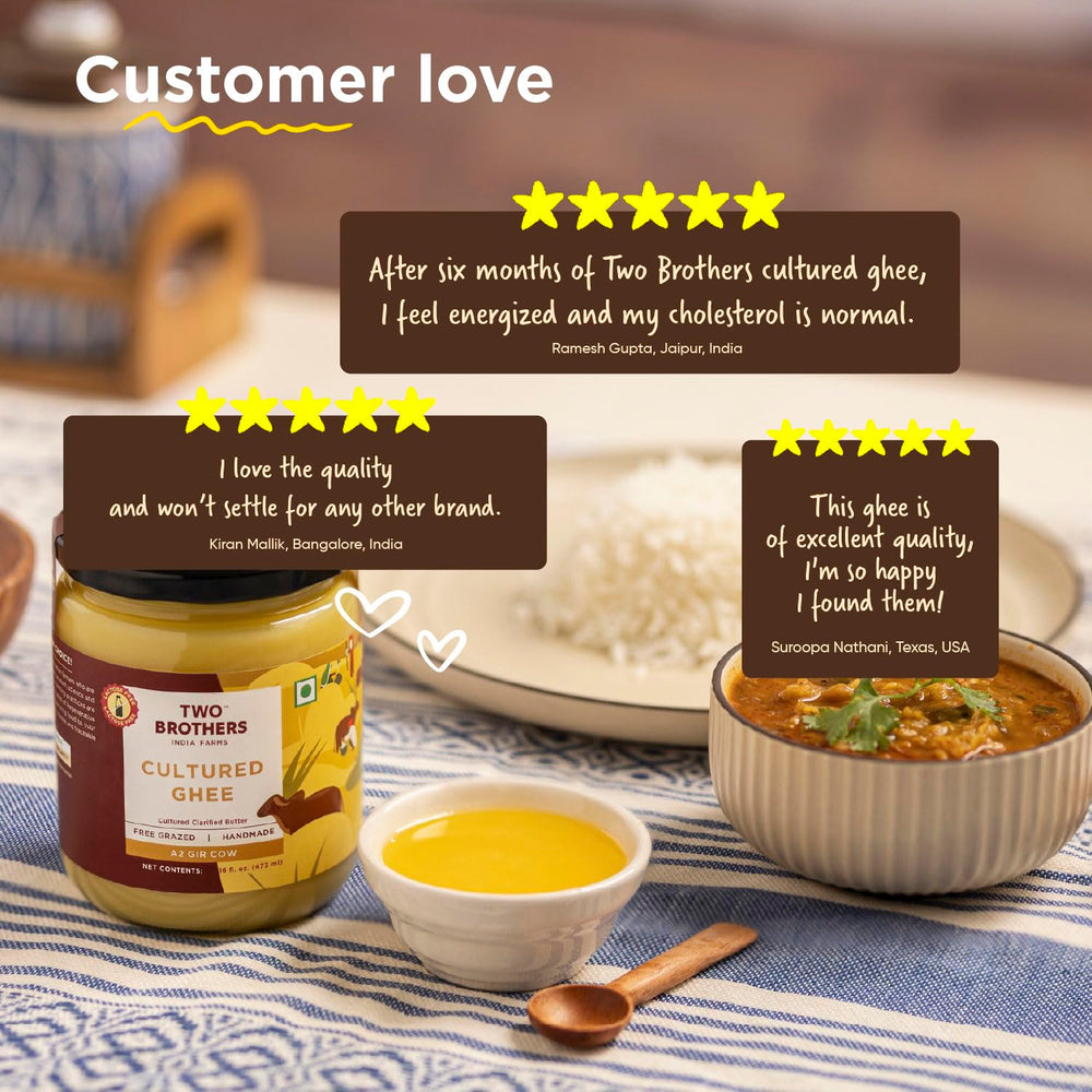 Two Brothers India Farms ghee A2 en sartén alta temperatura cocinado