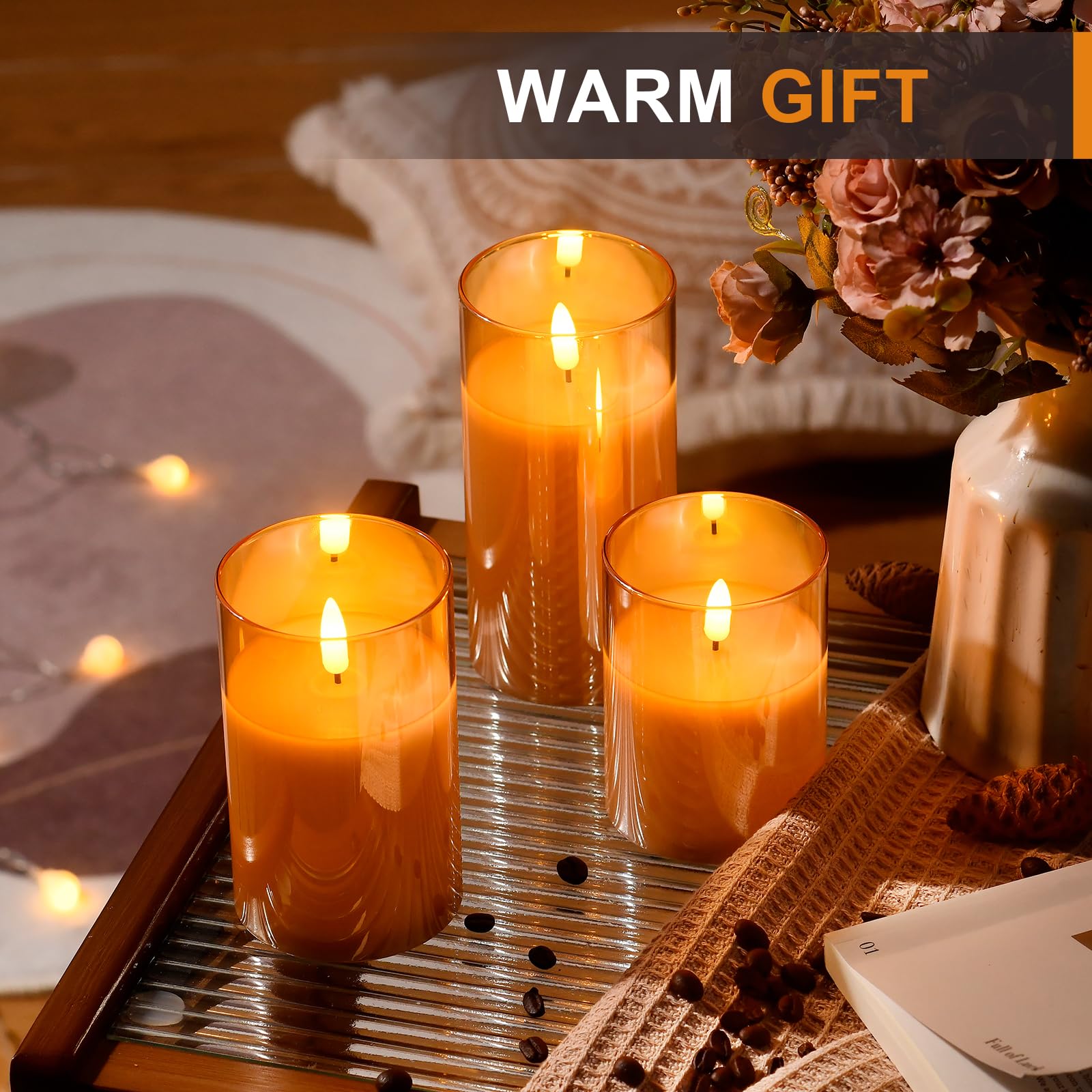 Tyawon candles inside hurricane lantern showing flame-free safety and elegance