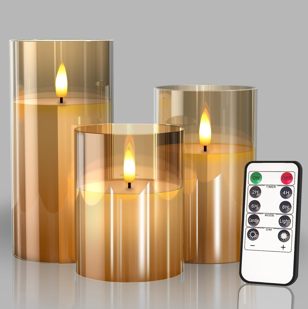 Tyawon glass-front packaging showing three gold wax LED candles and remote for easy setup