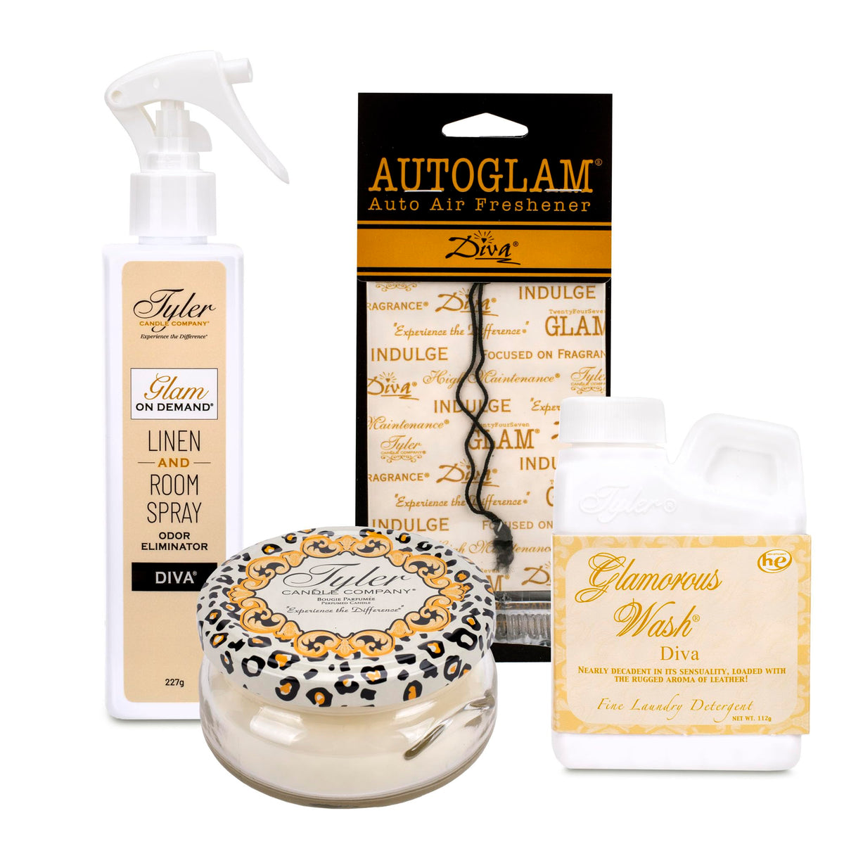 TYLER CANDLE COMPANY vista frontal del set Diva con packaging elegante